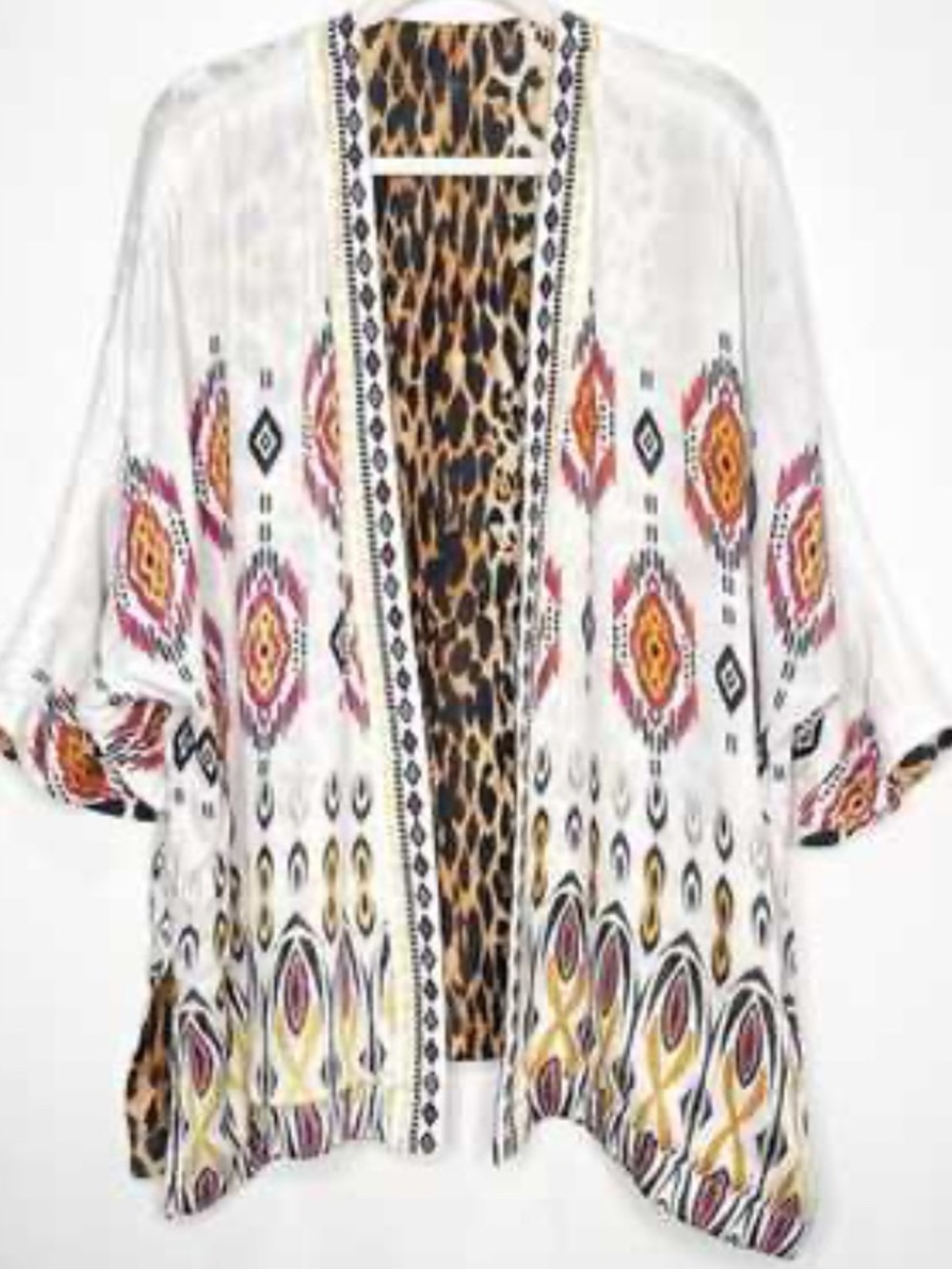 Chico’s Embroidered Kimono Open Cardigan One Size Ikat Pattern Leopard